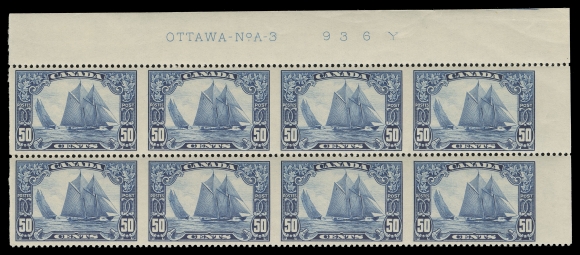 CANADA -  8 KING GEORGE V  158b,A superb mint Plate 3 upper right block of eight imperforate vertically; negligible wrinkle margin only, a spectacular part perforated plate multiple of which very few  survive intact. An important Bluenose plate block, ideal for exhibition, VF NH