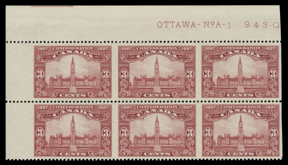 CANADA -  8 KING GEORGE V  143b,Upper left corner margin mint Plate 1 inscription block of six, imperforate vertically, faint hinge marks in selvedge only, leaving stamps VF NH; a very scarce part-perforate imprint block.