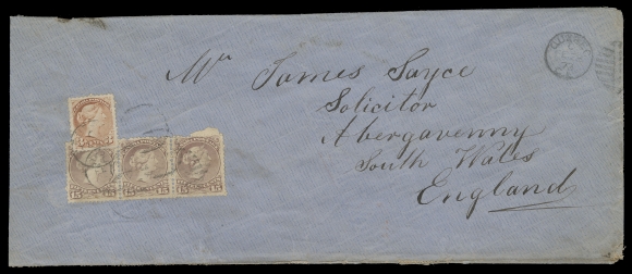 CANADA -  4 LARGE QUEEN  1873 (February 28) Blue legal envelope from Québec to Wales with  an unusual mixed issue franking with Large Queen 15c red lilac on smooth horizontal wove paper perf 12 strip of three and Small  Queen 3c orange rose (First Ottawa Printing), perf 11¾x12  overlapping at left, tied by light Quebec FE 28 duplex dispatch, additional clear strike at right; clear Abergavenny MR 13 CDS  receiver. Minor edge wear and staining on reverse only, in  exceptional condition considering the weight carried and distance travelled; a most impressive Trans-Atlantic cover, F-VF  (Unitrade 29b, 37ii)From January 1, 1870 and September 30, 1875 there were two rates  in force to the UK - 6c per half ounce by Canadian Packet or 8c  by Cunard Packet via New York. As there are no instructional  markings, we assume it travelled the slower route by Canadian  Packet. According to the Wayne Smith census, this is the only  recorded franking paying an 8-fold 6c letter rate to the UK.