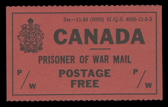 CANADA - 19 OFFICIALLY SEALED AND POW  PWF4,Department of National Defense issue printed in black on red, rouletted at top and at foot, a remarkably fresh and choice mint single with "5M-11-44" imprint and with full immaculate original gum; scarce this nice, XF NH
