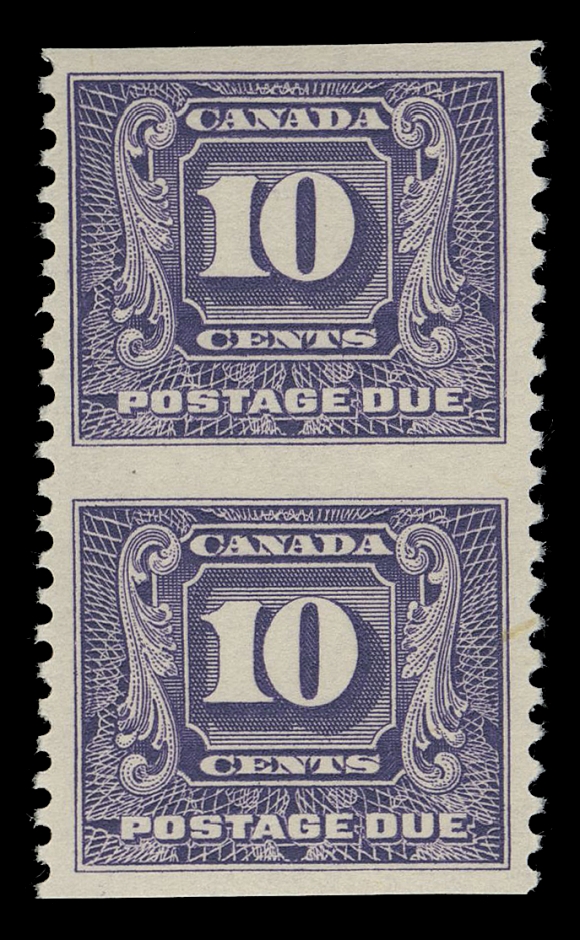 CANADA - 16 POSTAGE DUE  J10a,An exceptional mint vertical pair, imperforate horizontally in error, displaying radiant colour on fresh white wove paper, incredibly well centered displaying the best possible centering and quality attainable on this notoriously poorly centered error. Superb in all respects and without question, among the finest extant pairs, XF NH 