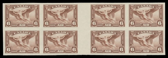 CANADA - 12 AIRMAILS  C5b, C5iii,A pristine mint imperforate gutter margin block of eight, exceptionally fresh with large margins all around. Very rare as only eight such blocks of eight and two gutter blocks of four are recorded. A great airmail showpiece, XF NH