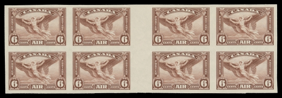 CANADA - 12 AIRMAILS  C5b, C5iii,A pristine mint imperforate gutter margin block of eight, exceptionally fresh with large margins all around. Very rare as only eight such blocks of eight and two gutter blocks of four are recorded. A great airmail showpiece, XF NH
