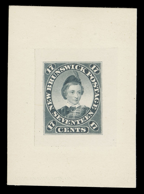 NEW BRUNSWICK  11,"Goodall" Die Proof in greenish blue, engraved, on india paper 26 x 30mm sunk on card 41 x 56mm, albino ABNC imprint and die number "78" at foot. A rare proof, VF (Minuse & Pratt 11TC2g)