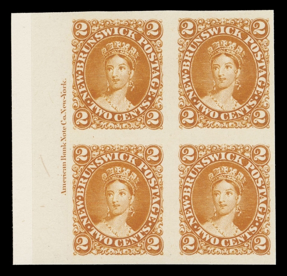 NEW BRUNSWICK  6P-11P,The complete set of plate proof blocks of four in issued colours on card mounted india paper; the 1c violet and 2c orange with full ABNC imprint in left margin. A lovely set with bright colours, XF (Unitrade 6P-11P; catalogue value $1,915+)	It is interesting to note that the One cent and Two cent were issued with plate imprints on all sides, whereas the 17 cent only had an imprint at foot. The other values had no imprints.
