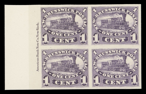 NEW BRUNSWICK  6P-11P,The complete set of plate proof blocks of four in issued colours on card mounted india paper; the 1c violet and 2c orange with full ABNC imprint in left margin. A lovely set with bright colours, XF (Unitrade 6P-11P; catalogue value $1,915+)	

It is interesting to note that the One cent and Two cent were issued with plate imprints on all sides, whereas the 17 cent only had an imprint at foot. The other values had no imprints.