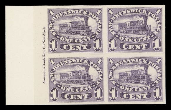 NEW BRUNSWICK  6P-11P,The complete set of plate proof blocks of four in issued colours on card mounted india paper; the 1c violet and 2c orange with full ABNC imprint in left margin. A lovely set with bright colours, XF (Unitrade 6P-11P; catalogue value $1,915+)	

It is interesting to note that the One cent and Two cent were issued with plate imprints on all sides, whereas the 17 cent only had an imprint at foot. The other values had no imprints.