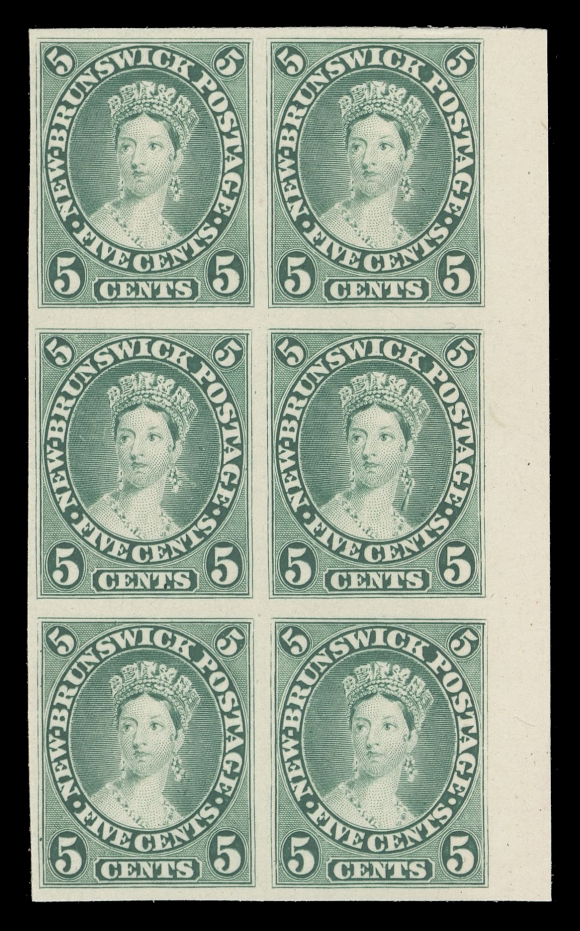 NEW BRUNSWICK  8P + varieties,A scarce plate proof block of six on card mounted india paper, centre pair showing the Elongated Ear Ring (Position 60) and lesser known but prominent Gash from Ear Ring (Position 59), an appealing block, VF