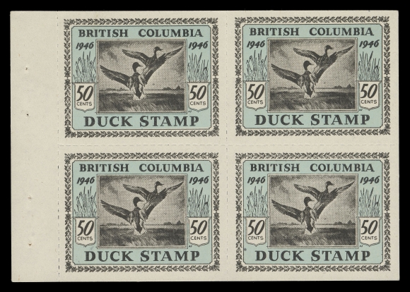 CANADA WILDLIFE STAMPS (PROVINCIAL)  BCD1a,A spectacular mint booklet pane of four with tab margin at left, in an immaculate state of preservation with bright colours on fresh paper, tiny natural paper inclusion on lower right stamp is visible from reverse only. All stamps are well centered with full original gum, NEVER HINGED. A very rare intact pane and the ultimate item of all Canadian Wildlife Conservation stamps, VF NHExpertization: clear 2016 Greene Foundation certificate