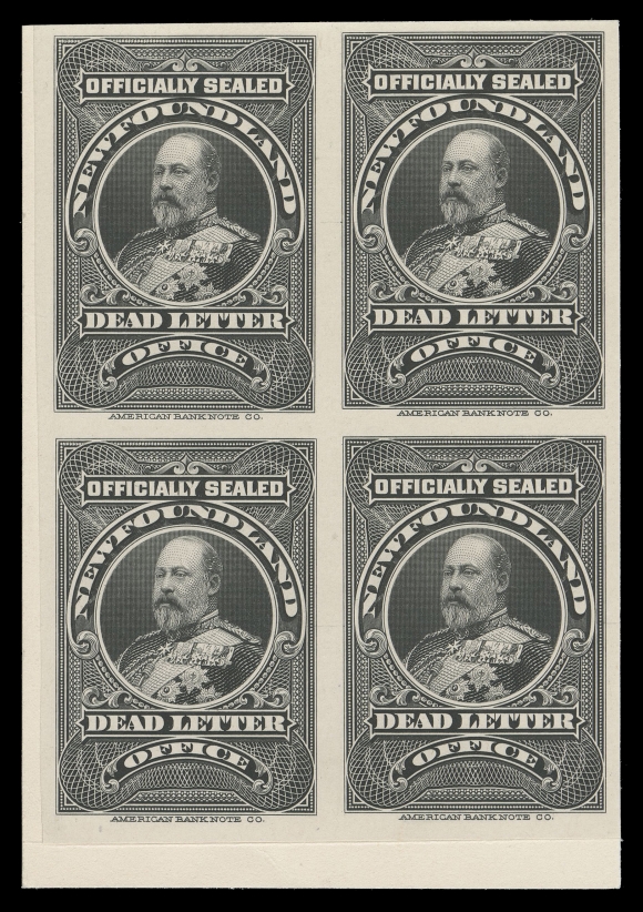 NEWFOUNDLAND -  8 BACK-OF-BOOK  OX1ii,An impressive, corner margin plate proof block of four, printed in black, colour of issue, on card mounted india paper, choice and very attractive, blocks are particularly scarce, XF (Cat. as singles)