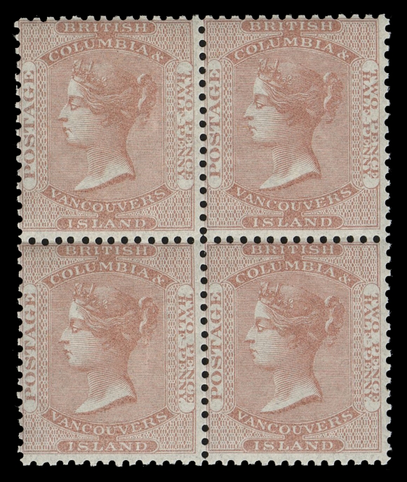 BRITISH COLUMBIA  2,A marvelous mint block in a superior state of preservation, with amazing colour and strong impression - uncharacteristic traits for this delicate colour, well centered for the issue with full intact perforations, more impressive is the fact that it still retains its full, dull streaky original gum, NEVER HINGED. Noticeably nicer than most blocks we have seen, Fine+ NH (Cat. as hinged singles only)