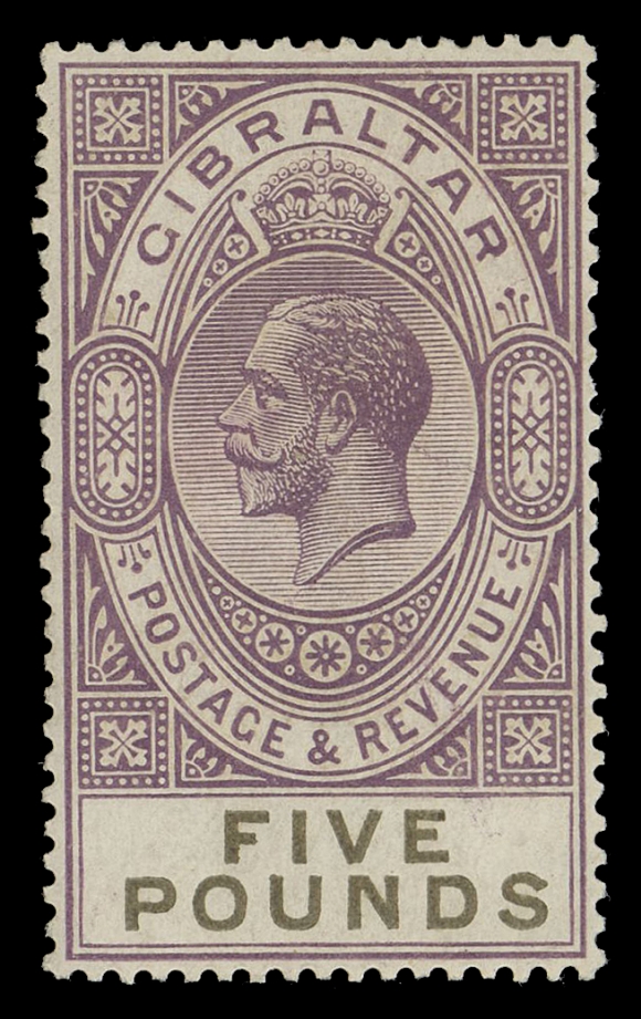 GIBRALTAR  93,Well centered mint single, couple negligible tone spots only visible from reverse, full original gum with faint trace of hinging, VF VLH (SG 108 £1,600)