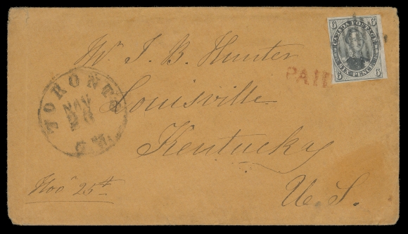 CANADA -  2 PENCE  1858 Orange envelope bearing a 6p slate grey on medium wove paper, well clear to very large margins, tied by diamond grid cancel of Toronto, large circular Toronto, C.W. NOV 26 (no year date - circa. 1858) at left, straightline PAID handstamp in red just ties stamp; pays the 6 pence letter rate to Louisville, Kentucky - a very unusual Pence cover addressed to this particular State, F-VF (Unitrade 5) ex. William Moody (May 1951; Lot 66)