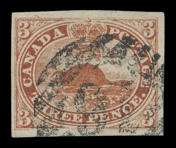 CANADA -  2 PENCE  4iii,A choice, large margined example of this scarce late printing, brilliant fresh colour on pristine white paper, attractive with clearly struck circular grid "16" cancellation of Hamilton, XF