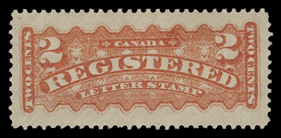 CANADA - 15 REGISTRATION STAMPS  F1i + variety,An extremely well centered mint single surrounded by large margins, distinctive rich colour on fresh paper, showing Re-entry (Position 44) with doubling of left and right side framelines, full shiny unblemished original gum, VF+ NH (Cat. as normal stamp)