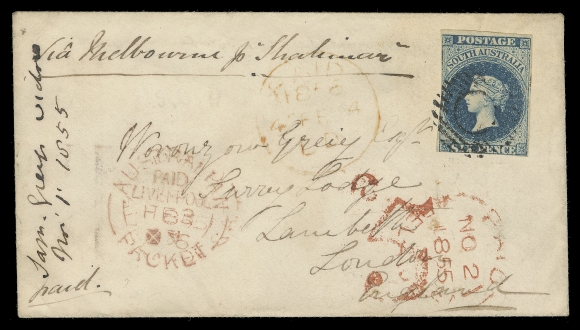 SOUTH AUSTRALIA  1855 (November 2) Small neat envelope in excellent condition  bearing Perkins Bacon 6p dark blue, just touching to large  margins and clearly tied by oval grid, Adelaide Paid NO 2 1855  dispatch in red, Australian Packet Paid Liverpool FE 3 1856,  London FE 4 receivers in red, "5d" rate handstamp in red. An  attractive and very early usage of this stamp on cover issued  Oct. 26, 1855 per R. Lowe handbook, VF (Scott 3; SG 3)