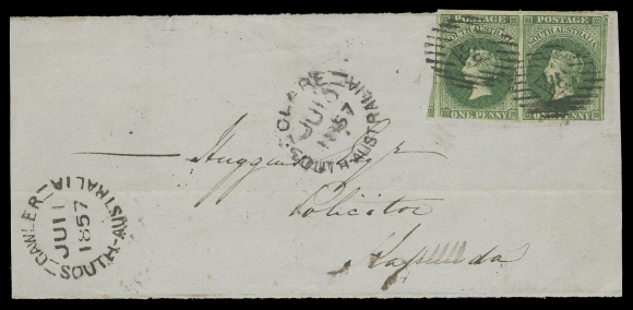 SOUTH AUSTRALIA  1857 (June 10) Cover front, bearing Perkins Bacon London Print 1p deep green pair with unusually large margins, except slightly in at foot, tied by oval grid 