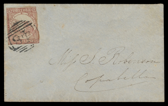 NEW SOUTH WALES  1850 (November 4) Small bluish envelope franked with Sydney View 1p dull lake on bluish wove paper, Plate 1 - No Clouds in Sky, irregular margin at right into frame, full margins on other sides and superbly tied by very clear grid 