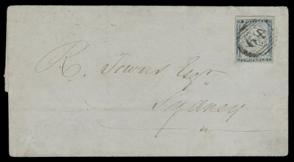 NEW SOUTH WALES  1850 (August 10) Clean folded cover bearing a superb, large margined Sydney View 2p dull blue on bluish wove, Retouched Plate II, centrally struck by clear oval grid 