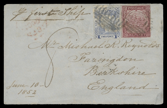 NEW SOUTH WALES  1852 (June 10) Cover bearing Sydney View 1p gooseberry shade on bluish wove, Re-engraved, alongside Laureated 2p ultramarine, Plate I - fine impression, both large margined and tied by oval barred cancels, paying 3 pence ship letter rate to the UK, manuscript "8" due to collect from recipient on arrival; backflap missing and couple sealed tears to cover, otherwise Fine, an attractive mixed-issue franking. (Scott 20, 14; SG 10, 52)