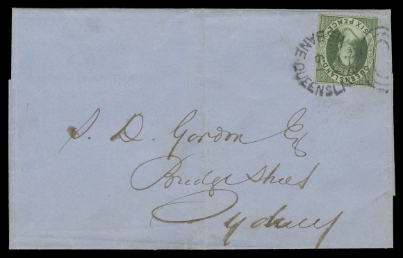QUEENSLAND  1861 (May 1) Blue folded cover bearing a well centered 6p deep green, clean cut perf 14-16, superbly tied by Brisbane duplex, pays the 6 pence Inter-Colonial letter rate to New South Wales, VF (Scott 6E; SG 9)