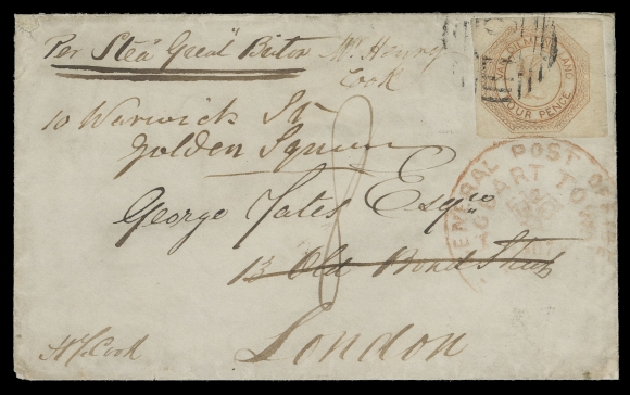 TASMANIA  1854 (November 7) Cover endorsed "Per Stea