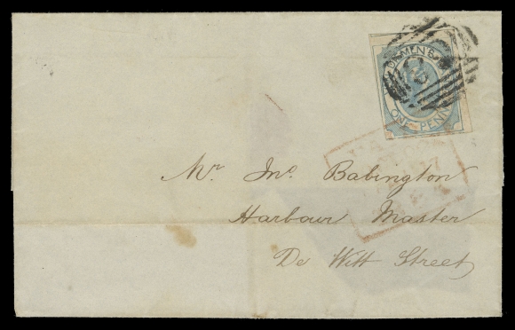 TASMANIA  1854 (August 17) Folded cover mailed locally in Hobart, franked 1p pale blue, early clear impression, very large margins on two sides including trace of imprint at foot, just touched at lower left, light pressed crease, tied by oval grid "68" numeral and PAID boxed, part backflap missing; a rare single-franking, F-VF (Scott 1; SG 1)