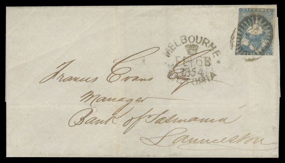 VICTORIA  1854 (February 16) Cover to Tasmania bearing Thomas Ham 3p blue "While Veil", light file fold, slightly in design to large margins, clear Launceston 22 FE 1854 receiver; also an 1854 (July 28) Cover mailed Melbourne to Warranga bearing Campbell & Co. 3p blue on toned paper, horizontal pair, mostly large margins tied by neat oval "1" cancels, sealed cover tear top centre, pays domestic double weight letter rate, Fine+ duo (SG 14, 24)