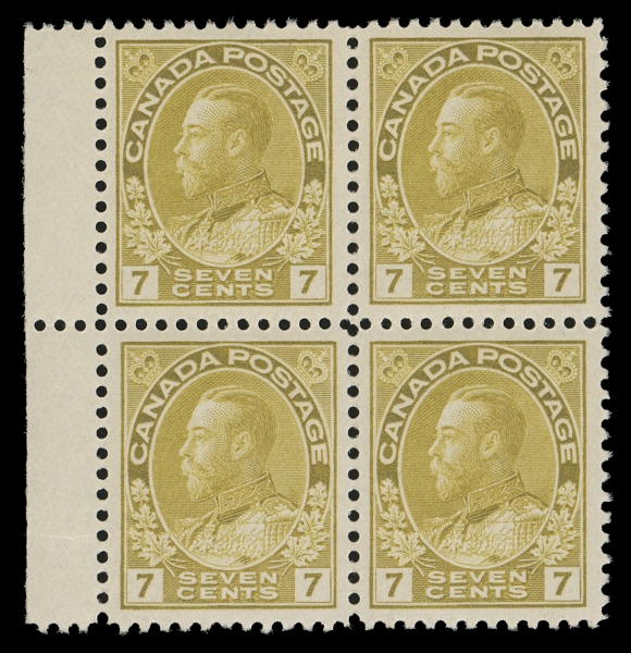 CANADA -  8 KING GEORGE V  113iv,A superior mint sheet margin block of four of this elusive,  short-lived shade, extremely well centered with full unblemished  original gum. One of the finest known blocks of this under-rated  shade, XF NH; 2021 Greene Foundation cert.