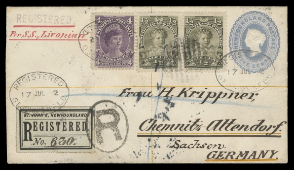 NEWFOUNDLAND -  8 BACK-OF-BOOK  1902 (July 17) 5c Blue postal envelope (140 x 79mm) uprated with Royal Family ½c pair and 4c tied by oval Registered St. John