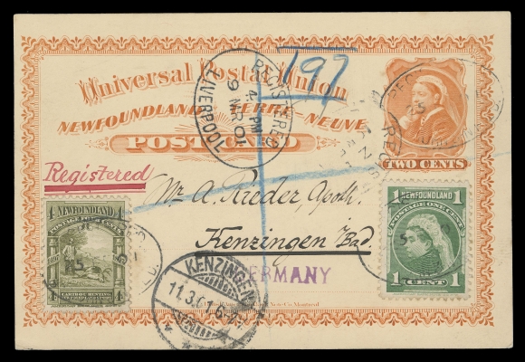 NEWFOUNDLAND -  8 BACK-OF-BOOK  1901 (February 25) Two cent orange UPU postal card mailed from Krippner to A. Rieder, Germany, uprated with 4c Cabot and 1c yellow green QV tied by light oval Registered St. John