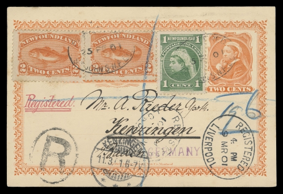 NEWFOUNDLAND -  8 BACK-OF-BOOK  1901 (February 25) A remarkable 2c orange UPU postal card mailed registered from Krippner to A. Rieder, Germany, uprated with two 2c orange Codfish and a 1c yellow green QV tied by oval Registered St. John