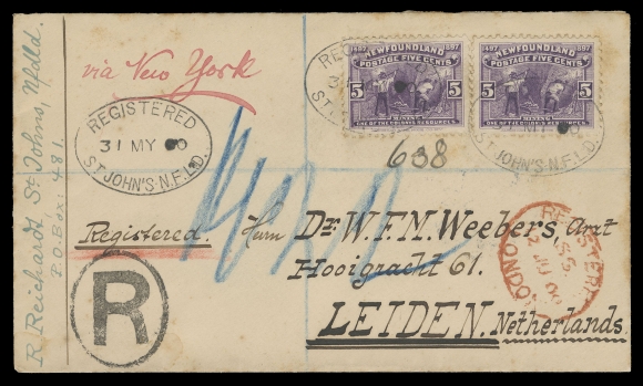 NEWFOUNDLAND -  4 1897-1947 ISSUES  1900 (May 31) Registered cover from Krippner to Leiden, Netherlands, bearing two 5c Cabot tied by oval Registered St. John