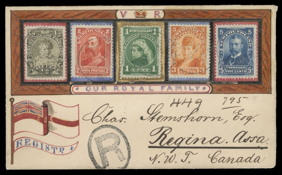 NEWFOUNDLAND -  4 1897-1947 ISSUES  1899 (September 23) Krippner "Our Royal Family" VR & Flag "SOE" elaborately handpainted Patriotic cover in remarkably fresh condition, bearing five different stamps of the Royal Family series tied by light St. John