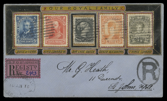 NEWFOUNDLAND -  4 1897-1947 ISSUES  1901 (May 21) Krippner "Our Royal Family" and Registered Label elaborately handpainted cover franked with four different stamps from the Royal Family series and a Canada ½c Large Queen, all tied by grid cancels, oval Registered St. John