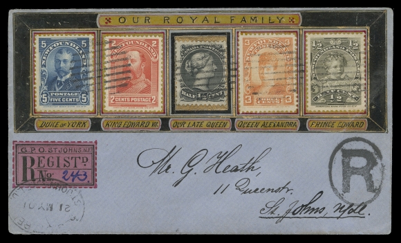 NEWFOUNDLAND -  4 1897-1947 ISSUES  1901 (May 21) Krippner "Our Royal Family" and Registered Label elaborately handpainted cover franked with four different stamps from the Royal Family series and a Canada ½c Large Queen, all tied by grid cancels, oval Registered St. John
