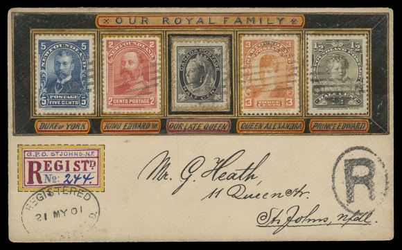 NEWFOUNDLAND -  4 1897-1947 ISSUES  1901 (May 21) Krippner "Our Royal Family" Frame and Registered Label elaborately handpainted Patriotic cover franked with four different stamps of the Royal Family series and a Canada ½c Leaf, all tied by grid cancels, oval Registered St. John