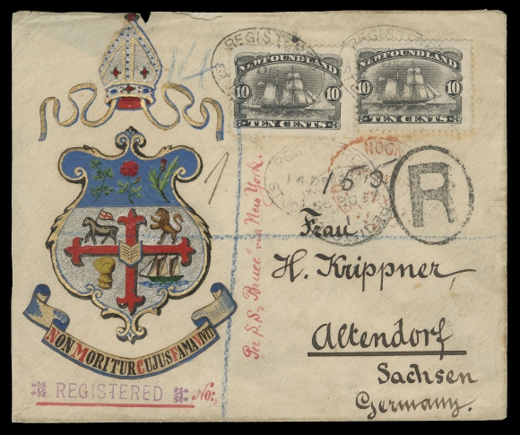 NEWFOUNDLAND -  2 CENTS  1899 (December 14) Krippner "Coat of Arms" elaborately  handpainted cover, bearing two 10c Schooner tied by oval  Registered St. John