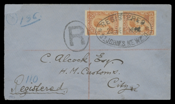 NEWFOUNDLAND -  4 1897-1947 ISSUES  1903 (December 23) Blue cover addressed locally bearing an imperforate pair of 3c Royal Family tied by large oval Registered St. John