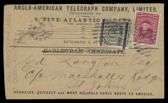 NEWFOUNDLAND -  3 1897 PROVISIONALS  1901 (April 27) GPO imprint stationary envelope and Anglo-American Telegraph Company, Limited illustrated envelope, both franked with a deceiving 1c on 3c fake Type III provisional surcharge attributed to Krippner and Langton, latter additionally franked with 2c Cabot, tied by grid cancels. Excellent reference.