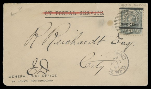 NEWFOUNDLAND -  3 1897 PROVISIONALS  1901 (April 27) GPO imprint stationary envelope and Anglo-American Telegraph Company, Limited illustrated envelope, both franked with a deceiving 1c on 3c fake Type III provisional surcharge attributed to Krippner and Langton, latter additionally franked with 2c Cabot, tied by grid cancels. Excellent reference.