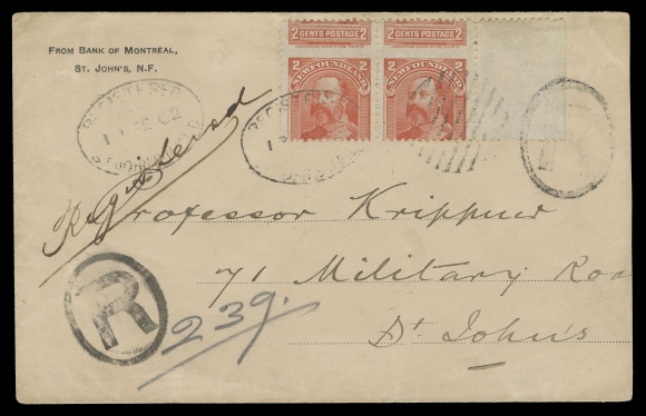 NEWFOUNDLAND -  4 1897-1947 ISSUES  1902 (February 10) Bank of Montreal cover addressed to Krippner, bearing a right sheet margin pair with dramatic perforation shift, tied by light oval Registered St. John