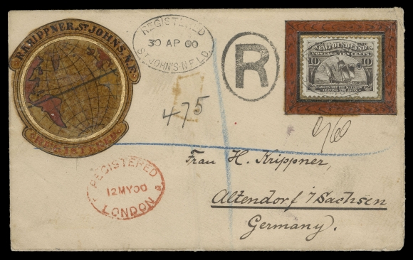 NEWFOUNDLAND -  4 1897-1947 ISSUES  1900 (April 30) Krippner Globe and Frame handpainted cover mailed registered to Germany, within elaborate frame a 10c Cabot tied by oval Registered St. John