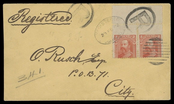 NEWFOUNDLAND -  4 1897-1947 ISSUES  1902 (February 20) Registered cover from Krippner addressed locally, bearing top margin pair of 2c vermilion with major  misperforation shift, tied by oval Registered St. John