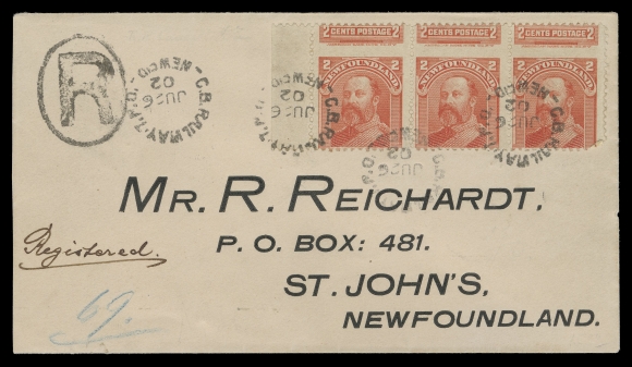 NEWFOUNDLAND -  4 1897-1947 ISSUES  1902 (June 26) Clean "Krippner" pre-printed cover mailed registered to St. John