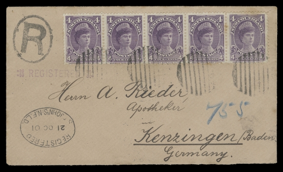 NEWFOUNDLAND -  4 1897-1947 ISSUES  1901 (October 21) "Krippner" cover sent registered to A. Rieder, Germany, bearing a very scarce multiple usage of the 4c violet tied by grids, oval Registered St. John
