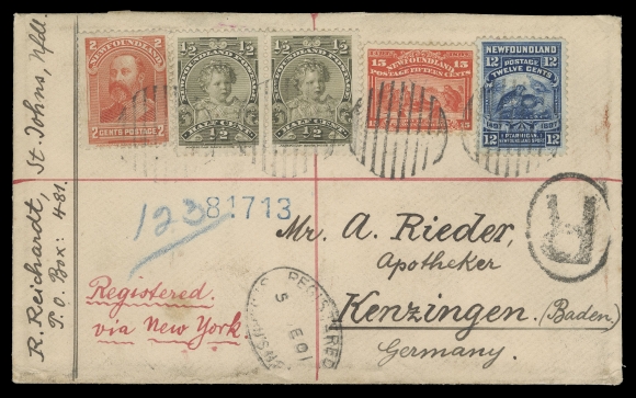 NEWFOUNDLAND -  4 1897-1947 ISSUES  1901 (December 5) "Krippner" cover registered to A. Rieder, Germany, displaying an impressive franking - Cabot 12c & 15c and Royal Family ½c pair and 2c vermilion all tied by grids, oval Registered St. John
