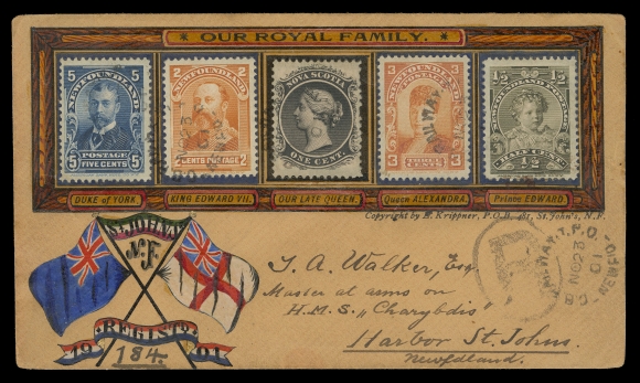 NEWFOUNDLAND -  4 1897-1947 ISSUES  1901 (November 23) Krippner "Our Royal Family" and "Two Flags" elaborately handpainted cover franked with four different Royal Family series and a Nova Scotia 1c black, tied by light C.B. Railway TPO split rings, another strike along with oval "R" handstamp at right, St. John