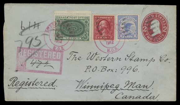 CANADA - 14 SPECIAL DELIVERY  1912 (November 26) 2c red on blue laid paper postal envelope uprated with US 2c Washington and 10c registration stamp plus Canada 10c blue green special delivery tied by Sierra Madre double ring datestamps in red, boxed registered handstamp, mailed registered special delivery to Winnipeg. A most unusual franking, VF (Unitrade E1)