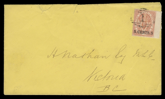 BRITISH COLUMBIA  A striking yellow envelope addressed to Victoria, Vancouver Island, undated, bearing a wing margin 5c on 3p bright red, perf 14, tied by grid 